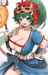 Rule 34 | 1girl, :d, absurdres, bandages, blue shirt, blue skirt, blush, breasts, chest sarashi, cleavage, collarbone, commentary, cowboy shot, fire emblem, fire emblem: the blazing blade, fire emblem heroes, gonzarez, green eyes, green hair, hand on own hip, hand up, highres, holding, large breasts, long hair, looking at viewer, lyn (fire emblem), mask, mask on head, nintendo, official alternate costume, open mouth, ponytail, sarashi, shirt, simple background, single-shoulder shirt, single bare shoulder, single sleeve, skirt, smile, solo, standing, strapless, tube top, very long hair, white background