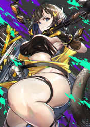 Rule 34 | 1girl, absurdres, arknights, bandeau, black gloves, black hair, blue eyes, breasts, commentary request, eunectes (arknights), feet out of frame, gloves, goggles, unworn goggles, highres, large breasts, looking at viewer, midriff, pointy ears, short hair, snake tail, solo, strapless, tail, thick thighs, thighs, tube top, wujin