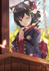 Rule 34 | 1girl, :o, animal ear fluff, animal ears, black hair, blue sky, blurry, blurry background, blush, bow, breasts, commentary, curly hair, floral print, foliage, frilled sleeves, frills, from above, green eyes, hands up, highres, japanese clothes, karyl (new year) (princess connect!), karyl (princess connect!), kimono, long sleeves, looking at viewer, looking down, medium breasts, multicolored hair, one eye closed, open mouth, outdoors, own hands together, princess connect!, runep, sidelocks, sky, solo, streaked hair, upper body, waist bow, white hair, wide sleeves