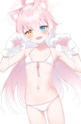 Rule 34 | 1girl, :d, ahoge, alternate costume, animal ear fluff, animal ears, animal hands, bare shoulders, bikini, blue archive, blue eyes, blush, breasts, cat ears, cat girl, cowboy shot, front-tie bikini top, front-tie top, gloves, gluteal fold, groin, heterochromia, highres, hoshino (blue archive), long hair, looking at viewer, micro bikini, navel, open mouth, otokuyou, paid reward available, paw gloves, paw pose, simple background, small breasts, smile, solo, standing, stomach, swimsuit, very long hair, white background, white bikini, yellow eyes
