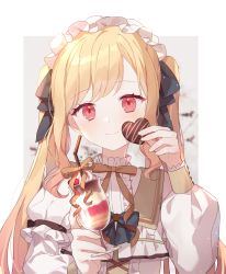 Rule 34 | 1girl, black bow, blonde hair, bow, brown bow, candy, center frills, chocolate, chocolate heart, closed mouth, commentary, food, frills, grey background, hair bow, hands up, heart, himitsu no valentine daisakusen! (project sekai), holding, holding food, layered sleeves, long hair, long sleeves, moffle (ayabi), parfait, project sekai, puffy long sleeves, puffy short sleeves, puffy sleeves, red eyes, shirt, short over long sleeves, short sleeves, smile, solo, symbol-only commentary, tenma saki, twintails, two-tone background, upper body, very long hair, white background, white shirt