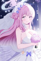 Rule 34 | 1girl, absurdres, blue archive, blush, breasts, bridal veil, bride, cleavage, dress, feathered wings, flower, halo, highres, holding, holding flower, jewelry, large breasts, long hair, looking at viewer, mika (blue archive), pink hair, ring, solo, tamaki (tamaki-sh), tears, veil, very long hair, wedding dress, wedding ring, wings, yellow eyes