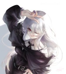 Rule 34 | 1girl, :p, arknights, belt, black belt, black capelet, black dress, blue nails, capelet, closed mouth, commentary request, dress, female focus, garter straps, hand on own head, highres, long hair, long sleeves, myluche, nail polish, one eye closed, red eyes, signature, silver hair, smile, solo, specter (arknights), thighhighs, tongue, tongue out, turtleneck, v, very long hair
