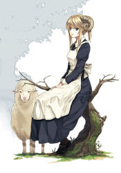 Rule 34 | 1girl, full body, highres, horns, luna (reclaimed land), maid, original, sheep, sitting, solo