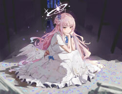 Rule 34 | 1girl, absurdres, blue archive, blush, capelet, dress, feathered wings, hair bun, halo, hands on own cheeks, hands on own face, head rest, highres, injury, jsscj, looking at viewer, mika (blue archive), pink hair, scrunchie, single side bun, smile, solo, squatting, torn clothes, torn dress, white capelet, white dress, white wings, wings, wrist scrunchie