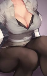 Rule 34 | 10s, 1girl, black bra, black thighhighs, bra, breasts, cleavage, enosan, head out of frame, highres, kantai collection, lace, lace-trimmed bra, lace trim, large breasts, mutsu (kancolle), sitting, solo, thighhighs, thighs, unbuttoned, unbuttoned shirt, underwear, uniform