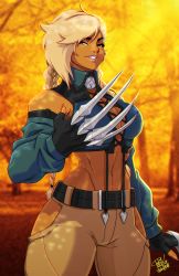 Rule 34 | 1girl, abs, artist name, belt, black gloves, blonde hair, blurry, blurry background, braid, breasts, claws, cleavage, commission, fingerless gloves, gloves, green eyes, highres, large breasts, long hair, looking at viewer, mole, mole under eye, navel, original, outdoors, parted lips, solo, standing, tan, toned, tovio rogers