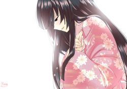 Rule 34 | 1girl, :3, artist name, black hair, floral print, half-closed eyes, hand on own chest, hime cut, houraisan kaguya, japanese clothes, kimono, long hair, long sleeves, mana (gooney), parted lips, profile, signature, simple background, solo, tears, touhou, upper body, very long hair, white background, wide sleeves