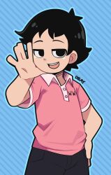 Rule 34 | 1boy, absurdres, black eyes, black hair, black pants, blue background, blue outline, collared shirt, delatoid, hand on own face, hand on own hip, highres, jitome, male focus, open mouth, outline, pants, pink shirt, scott pilgrim (series), scott pilgrim takes off, shirt, short hair, smug, solo, striped background, teeth, upper body, upper teeth only, wallace wells