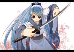 Rule 34 | 1girl, blood, blue hair, japanese clothes, jirou (chekoro), katana, letterboxed, maid, maid headdress, original, ponytail, solo, sword, wa maid, weapon
