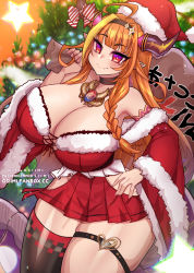 Rule 34 | 1girl, ahoge, alternate costume, blunt bangs, blush, bow, braid, breasts, chain, chain necklace, checkered clothes, checkered legwear, christmas, christmas tree, commentary, curvy, diagonal-striped bow, dragon girl, dragon horns, fang, hand on own hip, hat, headband, highres, hip vent, hololive, horns, huge breasts, jewelry, kiryu coco, looking at viewer, multicolored hair, necklace, orange hair, osiimi, pointy ears, profanity, sack, santa costume, santa hat, side braid, single braid, single thighhigh, skin fang, streaked hair, striped, thick thighs, thigh strap, thighhighs, thighs, virtual youtuber