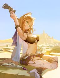 Rule 34 | 1girl, :3, animal ear fluff, animal ears, armpits, arms up, asymmetrical gloves, blue sky, breasts, bridal gauntlets, cat ears, cat girl, cat tail, cleavage, day, desert, gloves, green eyes, hair ornament, high heels, highres, honkai (series), honkai impact 3rd, looking at viewer, mismatched gloves, navel, pardofelis (honkai impact), shuishi tidu, single bridal gauntlet, single glove, sitting, skirt, sky, solo, stomach, tail