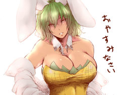 Rule 34 | &gt;:), 1girl, animal ears, bare shoulders, breasts, cleavage, collarbone, detached collar, fake animal ears, green hair, kazami yuuka, large breasts, leotard, looking at viewer, orange eyes, parted lips, playboy bunny, rabbit ears, smile, solo, tobisawa, touhou, translated, undressing, upper body, v-shaped eyebrows