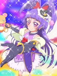 Rule 34 | 1girl, bear, black gloves, black hat, bow, bracelet, cowboy shot, creature, cure magical, earrings, elbow gloves, gloves, hair bow, hat, izayoi liko, jewelry, long hair, looking at viewer, mahou girls precure!, mini hat, mini witch hat, mofurun (mahou girls precure!), multicolored background, precure, purple eyes, purple hair, purple skirt, red bow, riko (mahou girls precure!), skirt, smile, sparkle, star (symbol), star in eye, symbol in eye, tj-type1, witch hat