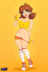 Rule 34 | 1girl, artist name, bike shorts, blue eyes, breasts, brown hair, cleavage, cleft of venus, clothes pull, collarbone, commentary, covered erect nipples, crop top, crown, earrings, fingerless gloves, full body, gloves, highres, jewelry, kneehighs, long hair, looking at viewer, mario (series), mario tennis, medium breasts, navel, nintendo, open mouth, orange background, orange theme, owler, princess daisy, pussy, shoes, short shorts, shorts, shorts pull, sneakers, socks, solo, standing, stomach, super mario land, tank top, tennis daisy, tongue, tongue out, uncensored