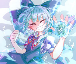 Rule 34 | 1girl, blue background, blue bow, blue dress, blue hair, bow, cirno, clenched hand, closed eyes, collared shirt, dress, facing viewer, fairy wings, frog, frozen frog, grin, hair bow, highres, ice, ice wings, ichirugi, neck ribbon, puffy short sleeves, puffy sleeves, red ribbon, ribbon, shirt, short hair, short sleeves, simple background, smile, solo, sparkle, steam, teeth, touhou, upper body, white shirt, wings, x x