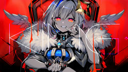 Rule 34 | 1girl, amane kanata, angel wings, barbed wire, black collar, black nails, bob cut, chair, coat, collar, commentary request, crown, unworn crown, english text, fur-trimmed coat, fur trim, grin, halo, highres, holding, holding crown, hololive, king (vocaloid), looking at viewer, nail polish, official art, red background, red eyes, red theme, ria (rilpoppo), second-party source, single hair intake, smile, solo, song name, star halo, teeth, throne, virtual youtuber, vocaloid, wings