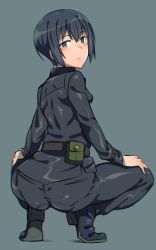 Rule 34 | 1girl, ass, belt, black hair, black pants, blue background, blue eyes, blush, breasts, cameltoe, closed mouth, em (totsuzen no hakike), from behind, kino (kino no tabi), kino no tabi, looking at viewer, looking back, pants, pantylines, pouch, shiny clothes, short hair, simple background, small breasts, solo