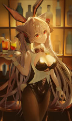 Rule 34 | 1girl, absurdres, animal ears, black bow, black bowtie, black leotard, blurry, blurry background, bow, bowtie, breasts, brown pantyhose, cleavage, closed mouth, cone hair bun, cup, drinking glass, drinking straw, floating hair, genshin impact, grey hair, hair between eyes, hair bow, hair bun, highres, holding, holding plate, indoors, keqing (genshin impact), leotard, long hair, medium breasts, nail polish, pantyhose, plate, playboy bunny, purple nails, rabbit ears, red eyes, red ribbon, ribbon, solo, standing, strapless, strapless leotard, themaree, twintails, very long hair, wrist cuffs