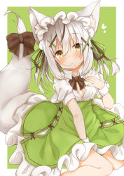 Rule 34 | 1girl, animal ear fluff, animal ears, bad id, bad pixiv id, between legs, bow, breasts, brown bow, brown eyes, brown hair, brown ribbon, cleavage, closed mouth, commentary request, fingernails, fox ears, fox girl, fox tail, frilled skirt, frills, green background, green nails, green ribbon, green skirt, grey hair, hair between eyes, hair in own mouth, hair ornament, hair ribbon, hairclip, hand between legs, hand up, heart, highres, minato yu (0514), multicolored hair, nail polish, original, puffy short sleeves, puffy sleeves, ribbon, shirt, short sleeves, sitting, skirt, small breasts, solo, streaked hair, tail, tail bow, tail ornament, tail raised, two-tone background, wariza, white background, white shirt, wrist cuffs, x hair ornament