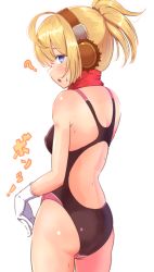 Rule 34 | 1girl, ?, black one-piece swimsuit, blonde hair, blue eyes, commentary request, competition swimsuit, cowboy shot, from behind, gloves, headphones, looking at viewer, looking back, megido72, one-piece swimsuit, ponytail, red scarf, scarf, shax (megido72), shiratama (amenomurakumo0610), short hair, short ponytail, simple background, solo, swimsuit, white background, white gloves