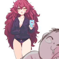 Rule 34 | 1girl, doodle sensei (blue archive), black panties, black shirt, blue archive, breasts, cellphone, cleavage, collarbone, commentary, dress shirt, halo, highres, holding, holding phone, iroha (blue archive), large breasts, long hair, long sleeves, one eye closed, open mouth, panties, paw print, phone, print panties, red hair, sensei (blue archive), shiming liangjing, shirt, simple background, sleepy, smartphone, standing, symbol-only commentary, tears, underwear, wavy hair, white background, yawning