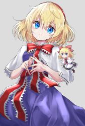 Rule 34 | 1girl, alice margatroid, bad id, bad pixiv id, blonde hair, blue dress, blue eyes, bow, bowtie, breasts, capelet, closed mouth, cowboy shot, dress, grey background, hair between eyes, hair bow, hairband, highres, jewelry, kayon (touzoku), looking at viewer, medium breasts, multiple rings, red bow, red bowtie, red hairband, ring, shanghai doll, short hair, simple background, smile, solo, standing, steepled fingers, touhou, white capelet