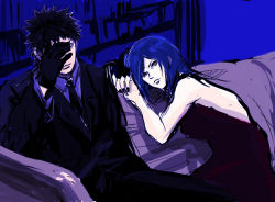 Rule 34 | 1boy, 1girl, alternate costume, backless outfit, bare shoulders, black dress, black gloves, black hair, blue hair, couch, covering face, dress, formal, gloves, hair bun, harakara12, konan (naruto), labret piercing, looking at viewer, naruto (series), naruto shippuuden, on couch, short hair, single hair bun, sitting, suit, uchiha obito
