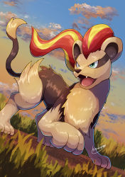 Rule 34 | absurdres, cloud, commentary request, creatures (company), day, fangs, from below, game freak, gen 6 pokemon, grass, green eyes, highres, looking to the side, nintendo, no humans, open mouth, outdoors, pokemon, pokemon (creature), pyroar, pyroar (female), signature, sky, solo, standing, tanpakuroom, tongue