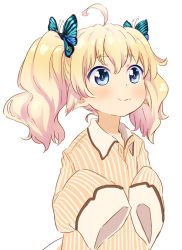 Rule 34 | 1girl, abe kanari, ahoge, blonde hair, blue eyes, blush, butterfly hair ornament, hair ornament, original, pajamas, simple background, sketch, sleeves past wrists, smile, solo, twintails, white background