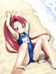 Rule 34 | 1girl, beach, blue eyes, child, kozeri ai, live on cardliver kakeru, mashikodori (mashidori), ponytail, red hair, swimsuit