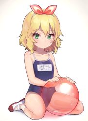 Rule 34 | 1girl, ball, bare arms, bare shoulders, beachball, blonde hair, blue one-piece swimsuit, blush, closed mouth, collarbone, commentary request, competition school swimsuit, full body, green eyes, hair between eyes, hair ribbon, hairband, highres, idolmaster, idolmaster cinderella girls, looking at viewer, name tag, one-piece swimsuit, red ribbon, ribbon, sakurai momoka, school swimsuit, shadow, shoes, sitting, socks, solo, swimsuit, transparent, uso (ameuzaki), uwabaki, wariza, wet, white background, white footwear, white hairband, white socks