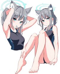 Rule 34 | 1girl, adjusting hair, animal ear fluff, animal ears, bare arms, barefoot, black one-piece swimsuit, blue archive, blue eyes, blue halo, commentary request, cross, cross hair ornament, grey hair, hair ornament, halo, highres, inverted cross, knees up, lapis (gulala375), mismatched pupils, official alternate costume, official alternate hairstyle, one-piece swimsuit, ponytail, shiroko (blue archive), shiroko (swimsuit) (blue archive), simple background, sitting, solo, swimsuit, toes, upper body, white background, wolf ears, wolf girl