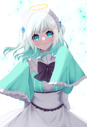 Rule 34 | apron, blue eyes, blue hair, bow, bowtie, buttons, eyebrows, eyelashes, grey hair, hair bow, hair ornament, halo, highres, indie virtual youtuber, kamaniki, maid apron, maid headdress, mint fantome, multicolored hair, no nose, simple background, sleeves past wrists, smile, virtual youtuber, white background