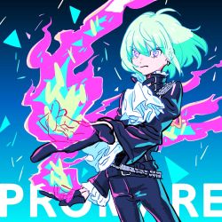 Rule 34 | 1boy, ascot, black gloves, black jacket, blue eyes, copyright name, earrings, fire, fusuma (nohbrk), gloves, half gloves, highres, jacket, jewelry, lio fotia, male focus, outstretched hand, promare, purple eyes, pyrokinesis, solo