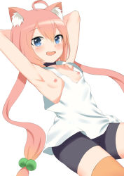 Rule 34 | 1girl, :d, ahoge, animal ear fluff, animal ears, armpits, arms behind head, arms up, bare arms, bare shoulders, bike shorts, black choker, black shorts, blue eyes, blush, breasts, cat ears, choker, commentary request, hair between eyes, hair bobbles, hair ornament, hinata channel, long hair, low twintails, nekomiya hinata, nipples, no bra, open mouth, orange thighhighs, pink hair, shirt, short shorts, shorts, simple background, small breasts, smile, solo, tank top, thighhighs, toshishikisai, twintails, very long hair, virtual youtuber, white background, white shirt