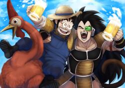 Rule 34 | 2boys, alcohol, animal, armband, armor, arms at sides, beer, beer mug, black hair, boots, breastplate, closed eyes, creature, cup, d norainu b, dragon ball, dragonball z, facial hair, facing viewer, farmer (dragon ball), fingerless gloves, flannel, gauntlets, glasses, gloves, hat, highres, hug, laughing, long hair, monkey tail, mug, multiple boys, muscular, muscular male, mustache, overalls, raditz, red armband, round eyewear, saiyan armor, scouter, shoulder armor, sideburns, smile, spiked hair, straw hat, tail, teeth, v-shaped eyebrows, vambraces, very long hair