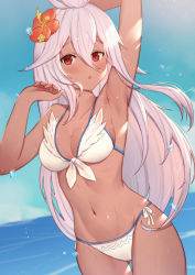 Rule 34 | 1girl, :o, arm up, armpits, bare arms, bare shoulders, bikini, blue sky, blush, breasts, cleavage, collarbone, commentary request, dark-skinned female, dark skin, day, flower, granblue fantasy, groin, hair between eyes, hair flower, hair ornament, hand up, highres, horizon, long hair, medium breasts, navel, ocean, open mouth, outdoors, parted lips, red eyes, red flower, resolution mismatch, revision, sky, solo, source larger, swimsuit, thigh gap, uneg, very long hair, water, water drop, wet, white bikini, white hair, zooey (granblue fantasy), zooey (summer) (granblue fantasy)