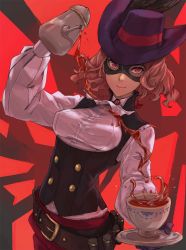 Rule 34 | 10s, 1girl, ascot, belt, breasts, brooch, brown hair, buckle, closed mouth, cowboy shot, cup, dress shirt, drink, dutch angle, framed breasts, gloves, hat, hat ribbon, hayami ritsu, highres, holding, holding plate, jewelry, long sleeves, looking at viewer, mask, okumura haru, outstretched arms, persona, persona 5, plate, pouring, purple hat, red background, red eyes, ribbon, saucer, shirt, short hair, smile, solo, tea, teacup, teapot, vest, white shirt
