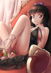 Rule 34 | 1girl, :&lt;, absurdres, bad id, bad pixiv id, bare arms, bare shoulders, black dress, black hair, bow, breasts, cleavage, closed mouth, commentary request, crossed ankles, curtains, day, dress, evening gown, feet, finger to mouth, fingernails, flower, foreshortening, from below, gem, hair bow, hairband, highres, indoors, knees up, large breasts, leaf, legs, long fingernails, long hair, looking at viewer, looking down, nail polish, no panties, original, partially visible vulva, pulling own clothes, purple bow, purple eyes, purple hairband, purple nails, red flower, red gemstone, red rose, rose, shoes, sitting, solo, straight hair, strap pull, tareme, throne, toeless footwear, toenail polish, toenails, toes, upskirt, very long hair, yashemao qishi