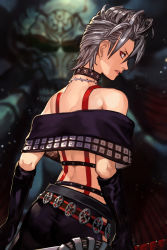 Rule 34 | 1girl, bare shoulders, black gloves, choker, cowboy shot, earrings, elbow gloves, final fantasy, final fantasy x, final fantasy x-2, focused, from behind, gloves, grey hair, hungry clicker, jewelry, looking at viewer, looking back, midriff, necklace, paine (ff10), red eyes, short hair, skirt, solo, square enix, strapless, suspenders