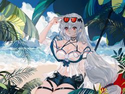 Rule 34 | 1girl, arknights, arm up, bare shoulders, beach umbrella, blue shorts, blue sky, breasts, choker, cleavage, cloud, day, eyewear on head, hair between eyes, hair ornament, highres, large breasts, long hair, low-tied long hair, nail polish, navel, no headwear, off-shoulder shirt, off shoulder, official alternate costume, outdoors, parted lips, red eyes, red nails, shirt, short shorts, short sleeves, shorts, silver hair, skadi (arknights), skadi (waverider) (arknights), sky, solo, sunglasses, thigh strap, thighs, tuimaonanmo, umbrella, very long hair, whale hair ornament, white shirt