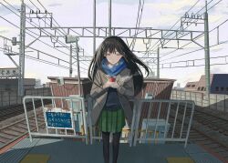 1girl absurdres amamoto_air black_hair cloud coat commentary cup drink highres holding holding_cup holding_drink long_hair open_clothes open_coat original plaid_clothes plaid_skirt power_lines skirt solo steam train_station