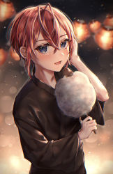 Rule 34 | 1boy, absurdres, blue eyes, blush, cotton candy, festival, hand on own head, highres, japanese clothes, kimono, male focus, night, open mouth, red hair, riddle rosehearts, short hair, syatihoko, twisted wonderland, yukata