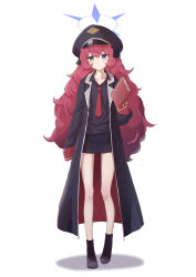 Rule 34 | 1girl, black coat, black skirt, blue archive, book, bow, coat, collarbone, commentary request, full body, grey eyes, hair between eyes, hair bow, hair ribbon, halo, hat, highres, holding, holding book, iroha (blue archive), long hair, long sleeves, looking at viewer, mogurii, necktie, open clothes, open coat, peaked cap, pencil skirt, red hair, red necktie, ribbon, school uniform, sidelocks, skirt, solo, standing, twitter username, wavy hair, white background