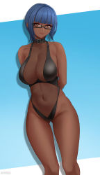 Rule 34 | 1girl, arms behind back, artist name, blue background, blue hair, blunt bangs, breasts, cleavage, collar, commission, dark-skinned female, dark skin, feet out of frame, gradient background, highleg, highleg swimsuit, highres, large breasts, navel, one-piece swimsuit, original, semi-rimless eyewear, short hair, smile, solo, swimsuit, thighs, under-rim eyewear, white background, zaphn