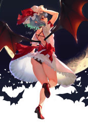 Rule 34 | 1girl, absurdres, alternate costume, aqua hair, arm up, ass, back bow, backless outfit, bat background, bat wings, black panties, blouse, bow, breasts, cameltoe, frilled sleeves, frills, from behind, full body, hat, hat ribbon, high heels, highres, huge filesize, icenight, lace, lace-trimmed panties, lace trim, looking at viewer, looking back, mob cap, moon, open mouth, panties, pantyshot, petticoat, pointy ears, puffy short sleeves, puffy sleeves, pumps, red bow, red eyes, red footwear, red ribbon, remilia scarlet, ribbon, shirt, short hair, short sleeves, signature, skirt, slit pupils, small breasts, solo, standing, standing on one leg, thighs, touhou, two-tone background, two-tone footwear, underwear, white hat, white shirt, white skirt, wings