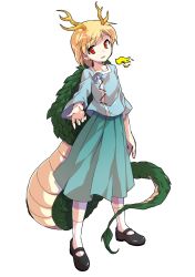 Rule 34 | 1girl, alphes (style), antlers, aqua skirt, arm at side, black footwear, blonde hair, blue shirt, collarbone, commentary request, dairi, dragon girl, dragon tail, full body, highres, horns, kicchou yachie, looking at viewer, mary janes, outstretched arm, parody, reaching, reaching towards viewer, red eyes, shirt, shoes, short hair, skirt, smile, socks, solo, standing, style parody, tachi-e, tail, touhou, transparent background, white socks