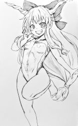 Rule 34 | 1girl, bow, breasts, competition swimsuit, d-m (dii emu), greyscale, grin, hair bow, horns, ibuki suika, leg up, long hair, looking at viewer, low-tied long hair, monochrome, navel, one-piece swimsuit, sidelocks, simple background, small breasts, smile, solo, swimsuit, touhou, traditional media, w