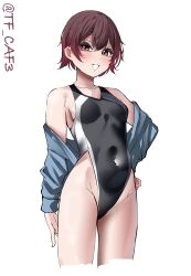 1girl absurdres alternate_costume black_one-piece_swimsuit blue_jacket blush breasts brown_eyes brown_hair collarbone competition_swimsuit covered_navel cowboy_shot hair_between_eyes highleg highleg_one-piece_swimsuit highres jacket kantai_collection looking_at_viewer mutsuki_(kancolle) one-hour_drawing_challenge one-piece_swimsuit red_hair short_hair simple_background small_breasts smile solo swimsuit swimsuit_under_clothes tf_cafe twitter_username two-tone_one-piece_swimsuit two-tone_swimsuit white_background